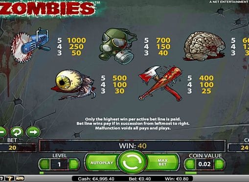 Таблица выплат в Zombies онлайн